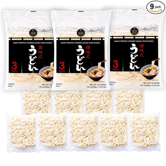 Unha’s Japanese Sanuki Fresh Udon Noodles, Jumbo Chewy Noodles, No Soup Included, Quick and Easy, 22 oz (200g × 3 Packs) Pack of 3