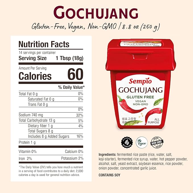Sempio Gochujang Vegan Korean Red Chili Pepper Paste - Gluten Free: Sweet Spicy Savory Paste, Traditional Fermented Condiment for Cooking, Marinades, Dips, Sauces, Non GMO (8.8oz/250g)