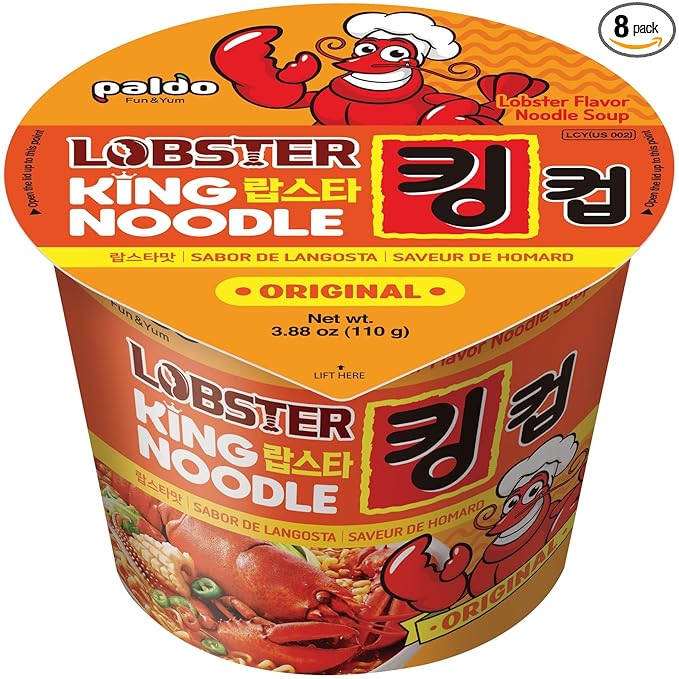 Paldo Fun & Yum Lobster Instant Big Cup Noodles with Soup, Pack of 8, Lobster Seafood Flavor Based Broth, Best Oriental Style, Original Korean King Cup Ramyun, 팔도 랍스타맛 킹컵 110g (3.88 oz) x 8
