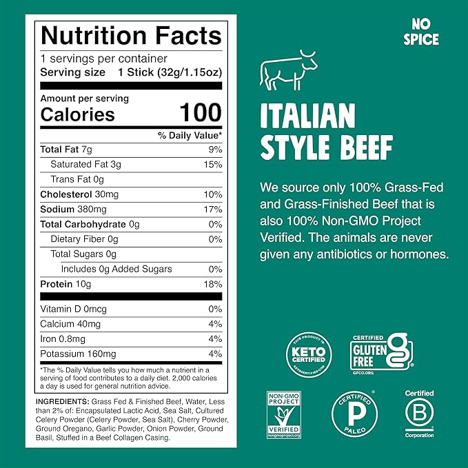 CHOMPS Grass Fed Beef Jerky Meat Snack Sticks, AIP Diet Compliant, Keto, Paleo, Whole30 Approved, Low Carb, Gluten Free, Sugar Free, Non-GMO, 90 Calories 1.15 Oz Stick, Italian Beef 10 Pack