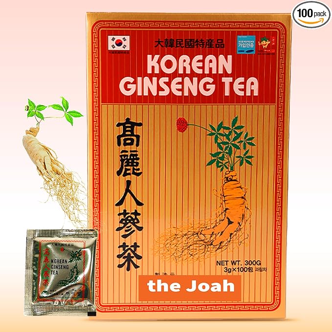 Korean Ginseng Tea - Caffeine Free, 3g Single-Serve Powder 100 Sachets, Improves Blood Circulation, Intellectual Performances and Memory, stimulates Energy