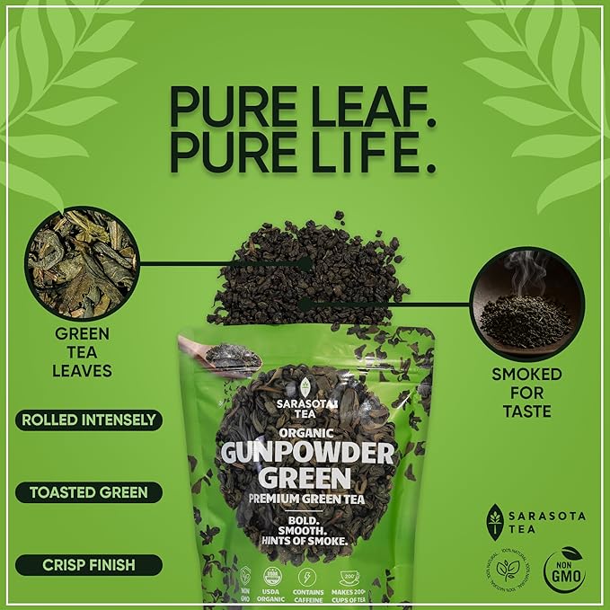 Organic Gunpowder Green Tea Loose Leaf, 1 lb Bulk Bag, USDA Organic Chinese Green Tea, Bold Earthy Flavor, Non-GMO