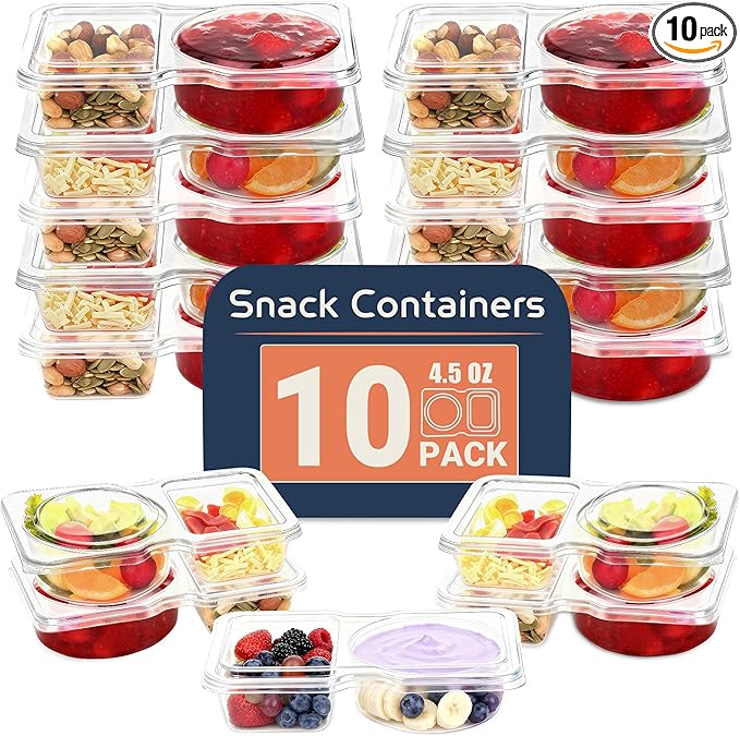 10-Pack 2 Compartment Snack Containers with Secure-Fit Lids, Reusable BPA-Free Snack Prep Boxes, Portion Control Food Storage Containers for Lunch, Meal Prep, Office, Picnic & Travel (10)
