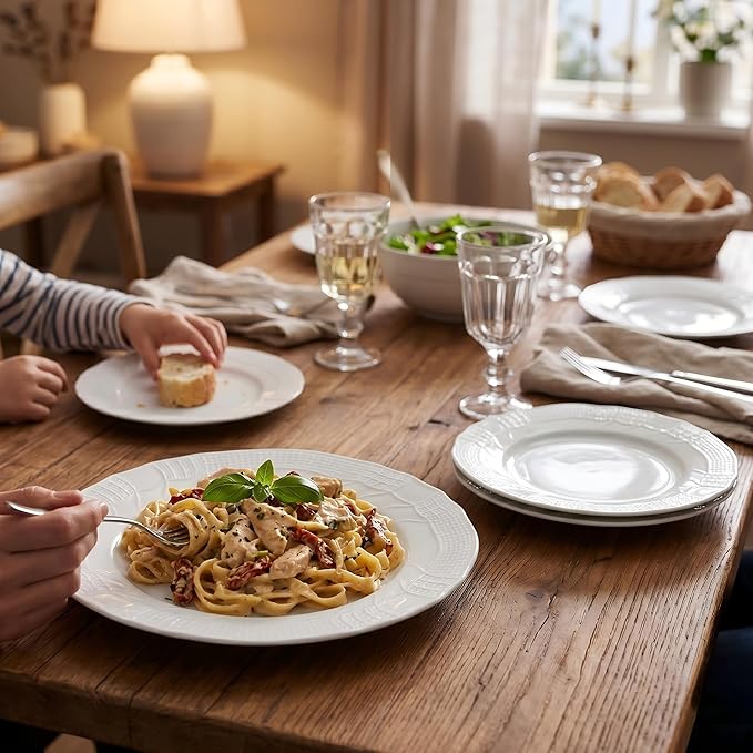 10 Inch Porcelain Dinner Plates Set of 4,Serving Dishes,White,Embossed,Heat Resistant,Scratch Resistant,Highly Glossy Glaze,Dishwasher safe,Microwave safe (Modern 10'')