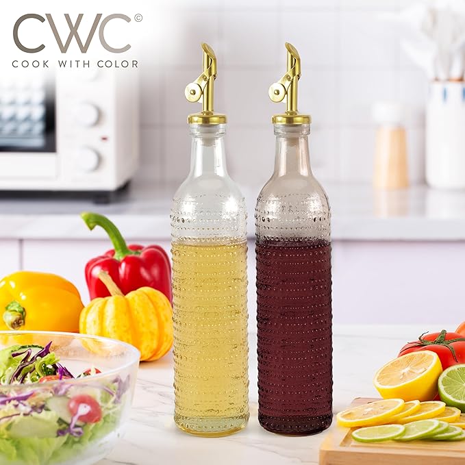COOK WITH COLOR Glass Olive Oil Bottle Dispenser - 2 Pack- 17oz Oil and Vinegar Cruet - Olive Oil Carafe Decanter for Kitchen, Champagne Bubbles, Brown