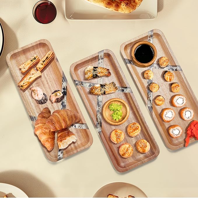 Anyvape Acacia Wood Serving Trays with Resin Inlay, Set of 3 Wooden Serving Platters for Home Decor, Food, Cheese, Fruit, Vegetables, Charcuterie, Appetizer Serving Tray(14 x 5.5 inches)