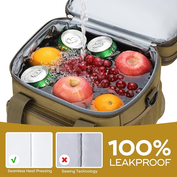 RealCool Lunch Bag, Insulated Lunch Box for Men Women, Double Deck Leakproof Soft Cooler Bag with Adjustable Strap, Reusable Lunchbox for Work, Travel, Camping (Khaki)