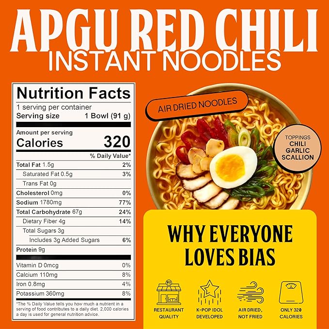 BIAS Apgu Red Chili Instant Noodles - Spicy Korean Ramen with Premium Toppings, Vegan, Air-Dried, Low Calorie (320 Cal) - 6 Pack
