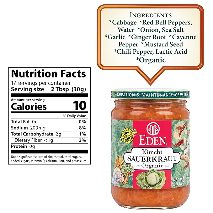 Eden Organic Sauerkraut, 18 oz Glass Jar, Kimchi, Fine Cut