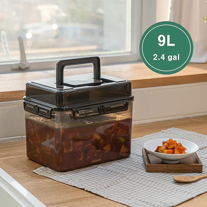 SMART Automatic Press Plate Food Storage Container for Kimchi Sauerkraut Pickle Fermentaion/Airtight Lid Food Storage Container for Preserved Food Bulk Fermentation (9L / 2.4 gal)