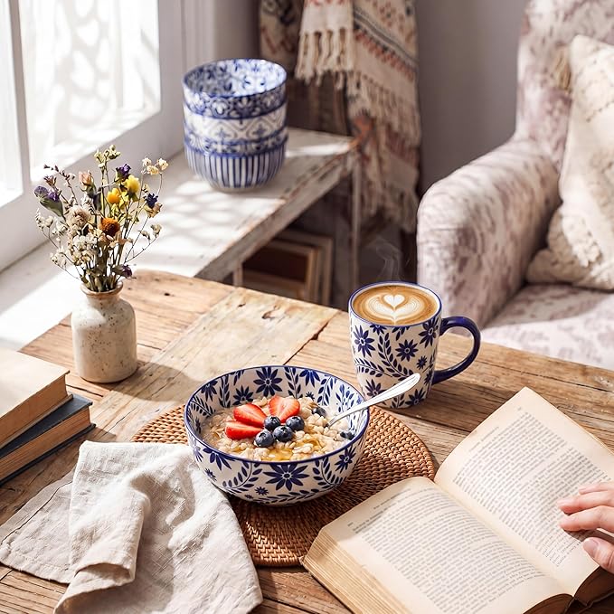 Cereal Bowls, 28 Ounce Ceramic Soup Bowls Set of 6, Bowl Set for Rice Salad Fruit Dessert Oatmeal Snack Ice Cream,Microwave & Dishwasher Safe, Bohemian Blue & White