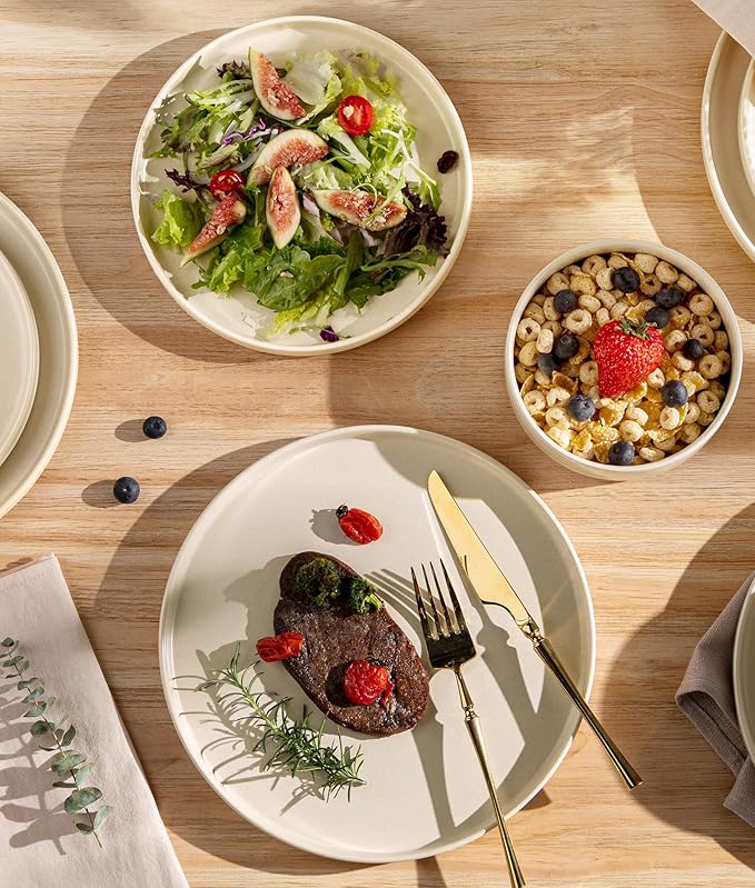 TheTerra Ceramic Dinnerware Sets for 4, 12 Pieces Handmade Reactive Glaze Plates and Bowls Set, Scratch Resistant Dish Set, Oven & Microwave & Dishwasher Safe, Matte White