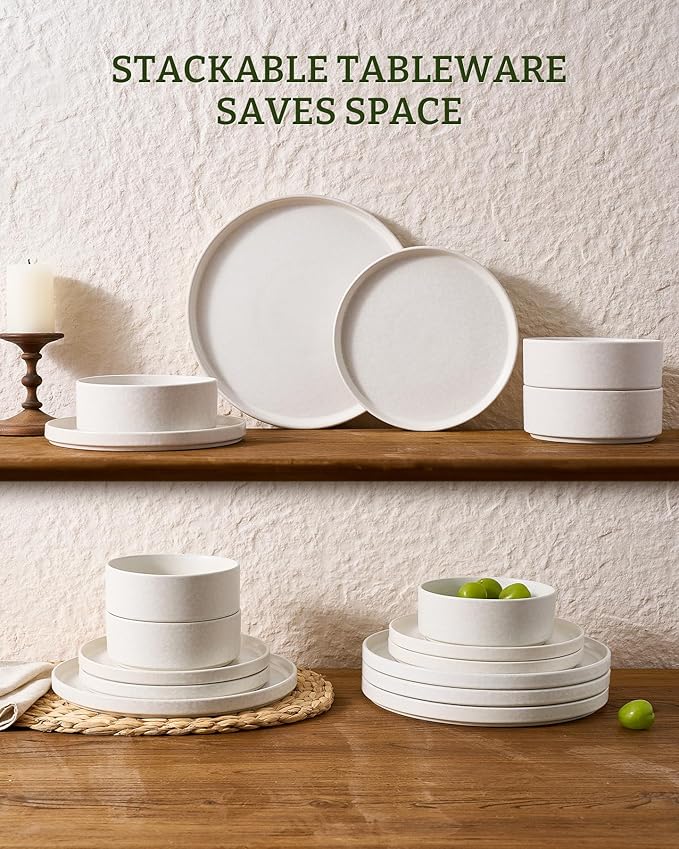 Famiware Nebula Plates and Bowls Sets, 24 Pieces Stoneware Dinnerware Sets, Reactive Glaze Dish Set, Dishes Set for 8, Matte Beige White