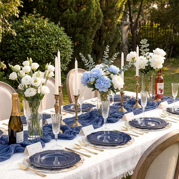 WDF 100pcs Blue Plastic Plates - Baroque Blue&Gold Disposable Plates for Parties/Wedding-50Plastic Dinner Plates 10.25in, 50Salad Plates 7.5in for Party/Birthday/Wedding/Independence Day