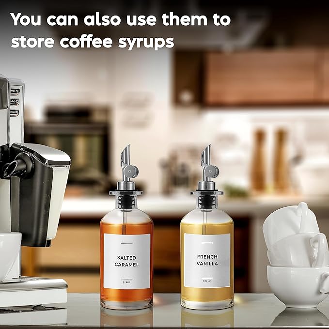 Spaceneat Olive Oil Dispenser Bottle - Includes 55 Kitchen Essential Labels - Cooking Oil Bottles for Kitchen, Coffee Syrup Dispenser - Pourer Spout with 11.8 fl oz Glass Container Cruet - 2pcs Silver