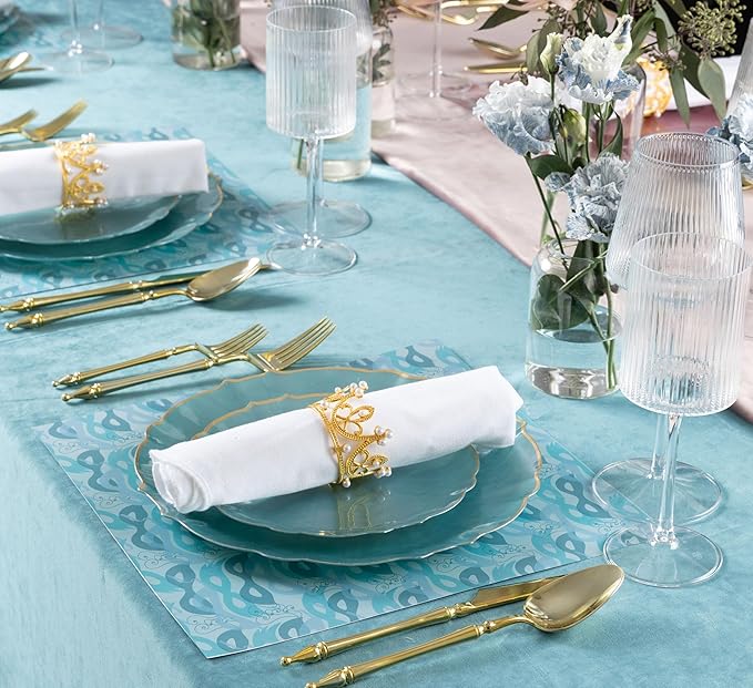 PLASTICPRO 96 Piece Aristocratic Pearl Blue Combo Plastic Dinner Plates Disposable Plastic Fancy Heavy Duty Party Dishes 48, 7'' inch and 48, 10'' inch, Pearl Blue With Gold Rim