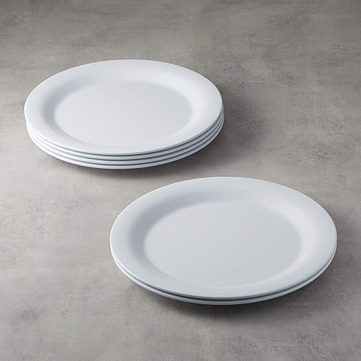 Amazon Basics Melamine Plate, Dishwasher Safe, Food Safe, BPA Free, 10.5 in, White, 6-Piece Set