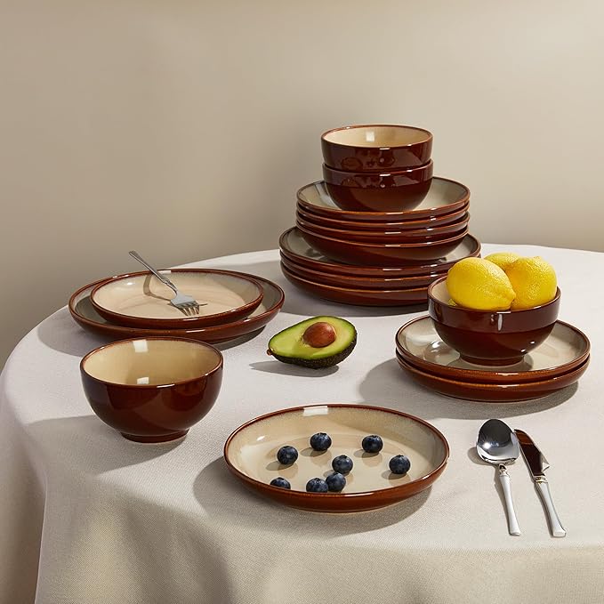 Pokini 24 Piece Double Bowl Dinnerware Sets with Pasta Bowls, Highly Chip and Crack Resistant Plates and Bowls Sets, Natural Earthyware Ceramic Dishware Sets, Service for 6 Brown Yellow