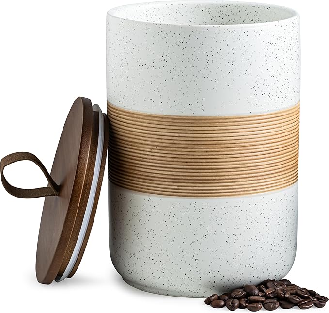 Miamolo Large Storage Containers with Lids, Ceramic Coffee Container Kitchen Food Storage Jars for Spice Sugar Tea Bag, Stackable Decorative Jars for Counter, White & 61 fl.oz