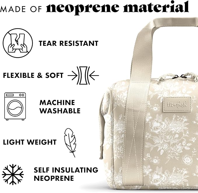 Fit & Fresh Remi Lunch Bag for Women Work – Neoprene Lunch Tote with Containers & Ice Pack, Reusable Meal Prep Lunch Box, Large Capacity, Machine Washable, Tan Toile