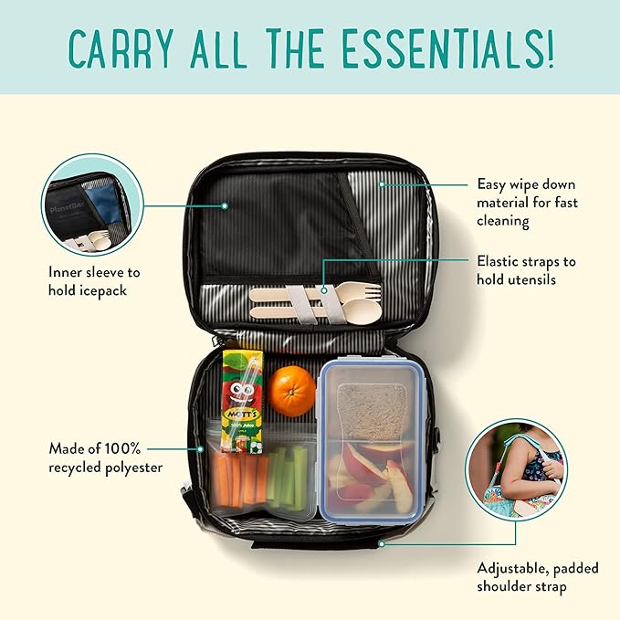 PlanetBox Insulated Lunch Bag – Black Currant Edition Carry Bag with Pockets for Water Bottle and Snacks – Durable, Easy to Clean, and BPA Free