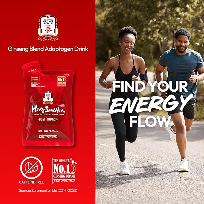 JUNG KWAN JANG US HongSamWon - Korean Red Ginseng Tea, Pre and Post Workout Herbal Energy Drink with Jujube, Cinnamon Ginger & Goji Berry - Caffeine Free, Non-GMO (60 Pouches, 1.69 fl oz)