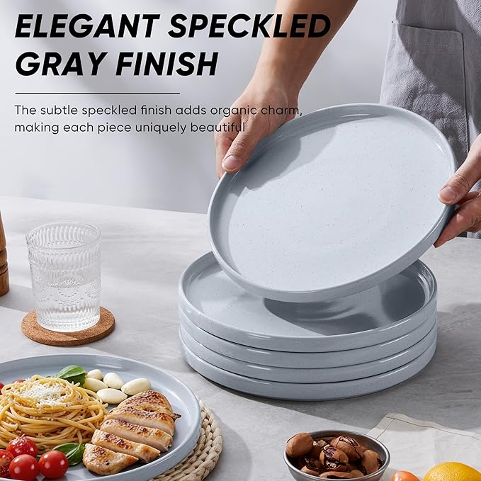 E-far Dinner Plates Set of 6, 10.5 Inch Stoneware Dinner Plate with Raised Edges, Chip & Scratch Resistant | Microwave & Dishwasher Safe Modern Ceramic Dishes for Dessert Salad, Speckled Gray