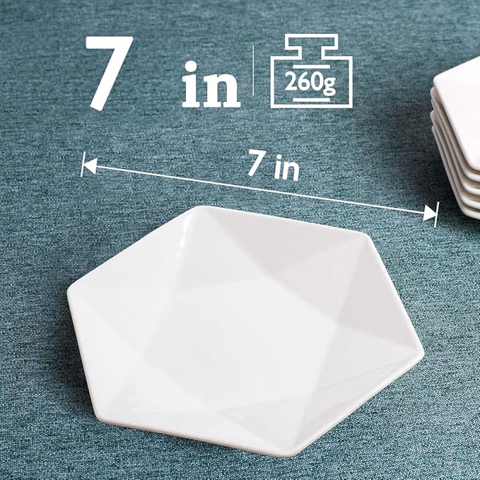 DELLING 7 Inch Appetizer Plates Set of 6, Porcelain Small Dessert Plates, White Ceramic Salad Plates for Snacks Bread Cheese Fruit, Microwave Dishwasher Oven Safe, Geometric Design