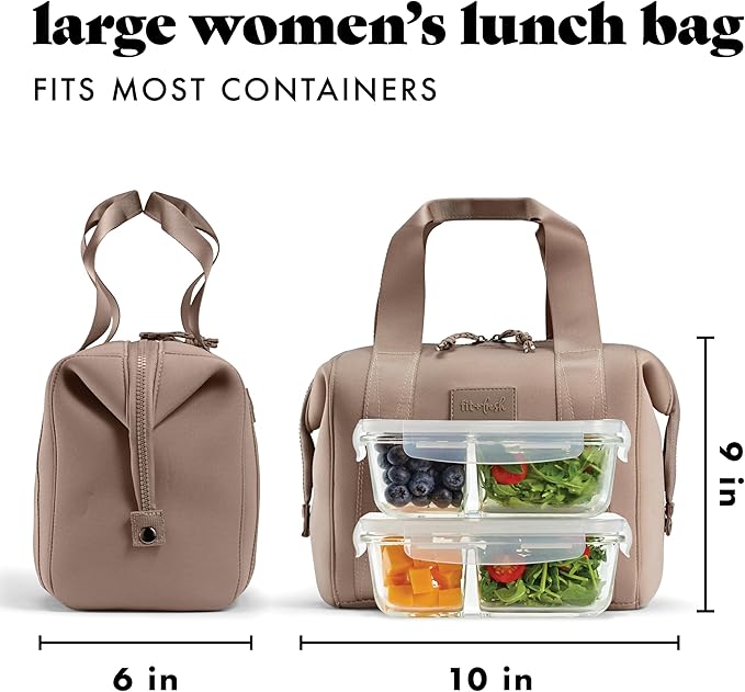 Fit & Fresh Remi Lunch Bag for Women Work – Neoprene Lunch Tote with Containers & Ice Pack, Reusable Meal Prep Lunch Box, Large Capacity, Machine Washable, Taupe