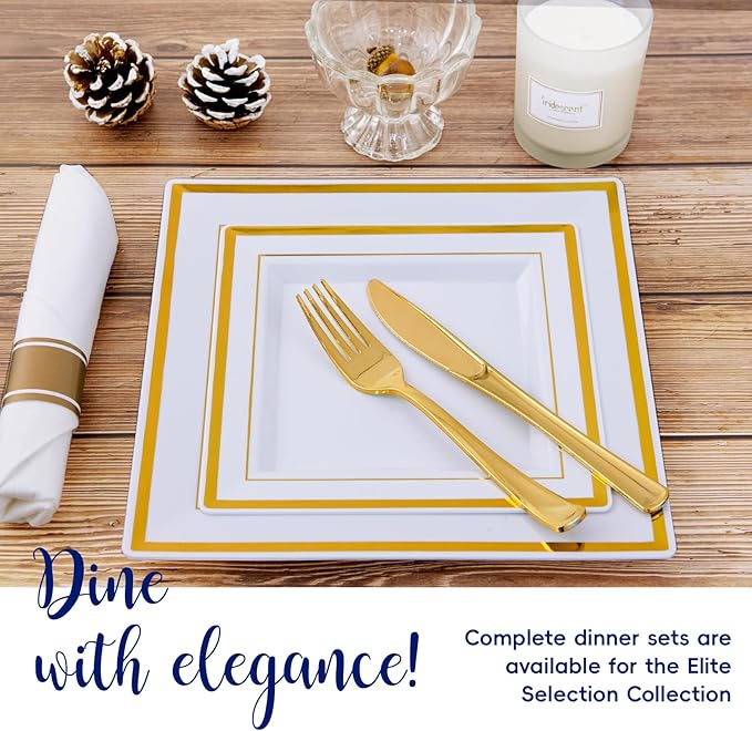 JOLLY CHEF 60 Pack Plastic Dinner Plates- Square Gold Plastic Plates with Elegant Gold Rim 9.5 Inch Disposable for Wedding, Birthday, Halloween and Party