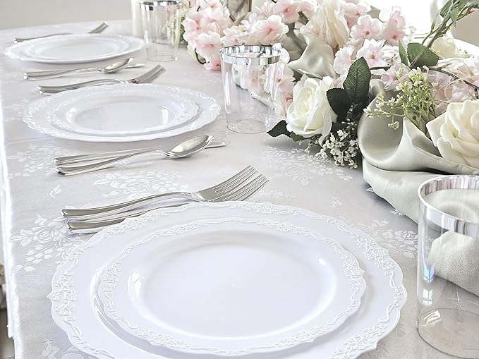 OCCASIONS 50 Pack (25 Guests) Heavy Duty Fancy Disposable Plastic Plates Set - 25x10.25'' Dinner + 25x7.5'' Dessert Plates for Wedding, Party, Birthday, Bridal Shower, BPA Free (Portofino Plain White)