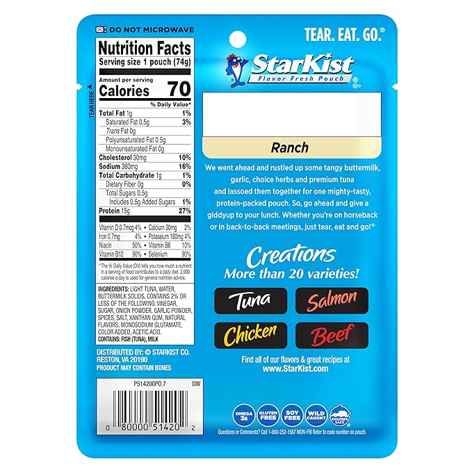 StarKist Tuna Creations Ranch Pouch (2.6 oz - 1 Pack) Wild Caught, High Protein Shelf Stable Seafood, Gluten Free, Soy Free, No Draining, Ready to Eat for Salads and Sandwiches