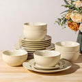 TheTerra Stoneware Dinnerware Sets for 6, 18 Pieces Ceramic Plates and Bowls Sets, Scratch Resistant Embossed Dish Set, Oven, Microwave & Dishwasher Safe, Cappuccino
