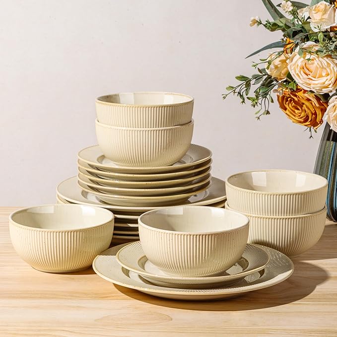 TheTerra Stoneware Dinnerware Sets for 6, 18 Pieces Ceramic Plates and Bowls Sets, Scratch Resistant Embossed Dish Set, Oven, Microwave & Dishwasher Safe, Cappuccino