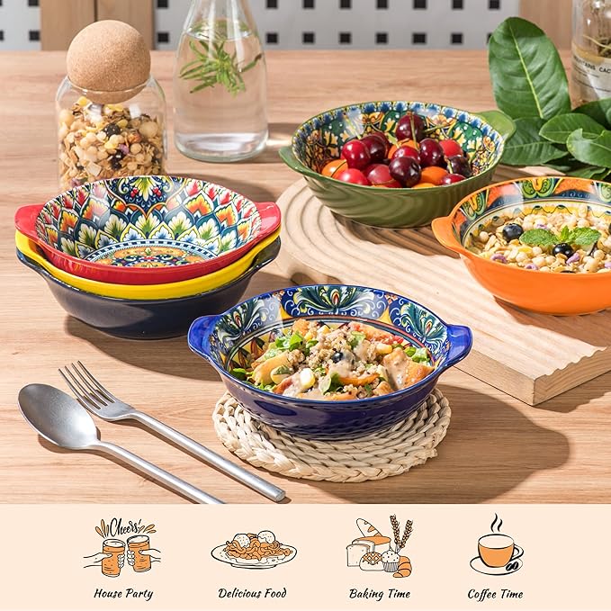 Henten Home Ceramic Soup Bowls Set, 14 oz Cereal Bowl Set of 6, Small Dessert Bowls with Handle, Boho Serving Bowls Set for Kitchen, Snack, Salad, Microwave & Dishwasher Safe