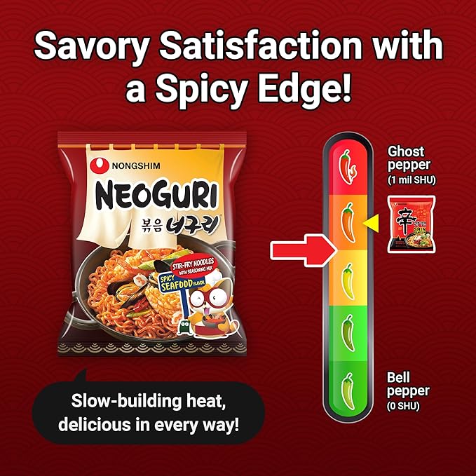 Nongshim Neoguri Spicy Seafood Stir Fry Ramyun Noodles, Seafood Flavored Korean Instant Noodles, Thick Noodles, Intense Chili Kick, 4.83 oz (Pack of 4)