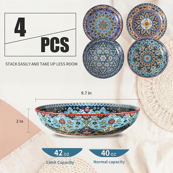 glowworm Pasta Bowls Set of 4, 42 oz Ceramic Salad Bowls for Kitchen, 9.7 Inch Colorful Serving Bowls for Soup, Dinner, Fruit, Dishwasher & Microwave Safe, Bohemian