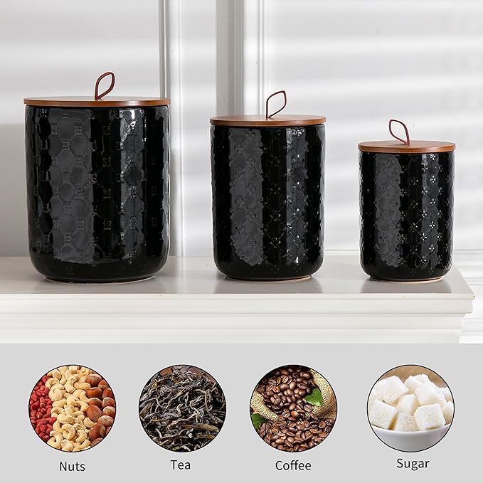 Ceramic Canisters Set with Airtight Lids, 82/48/30 oz Coffee Canisters Sets for the Kitchen, Black Large Jars for Flour, Sugar, Pasta, Coffee, Cookies, Tea - Set of 3, Embossed Pattern