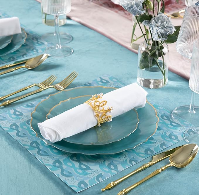 PLASTICPRO 24 Piece Pearl Blue WithGold Rim Aristocratic Combo Plastic Dinner Plates Disposable Plastic Fancy Heavy Duty Party Dishes 12, 7'' inch and 12, 10'' inch, Pearl Blue With Gold Rim