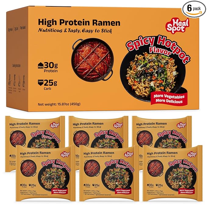 HealSpot High Protein Instant Ramen, 31g Plant Based Protein, Low Fat, Low Carb, Non GMO, Keto Friendly, Plant Based Dry Mixed Ramen, 6 Packs of Hot Pot Flavor | 50% Protein, Keto Friendly, Vegen Friendly, Healthy Quick Meal