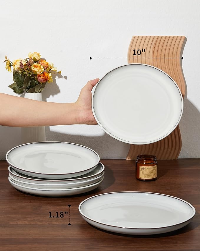 Pokini 10 Inch Ceramic Plates, White Dinner Plate Set for Dessert Pizza Steak, Terracotta Kitchen Stoneware Serving Dishes Set, Dishwasher & Microwave Safe, Scratch Resistant