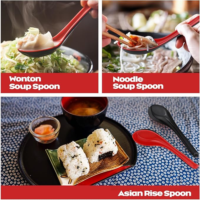 Hushee 100 Pcs Asian Chinese Soup Spoons 6.3 Inches Japanese Korean Miso Soup Spoons Red and Black Bulk with Hook for Soba Wonton Rice Pho Ramen Noodle Dumpling