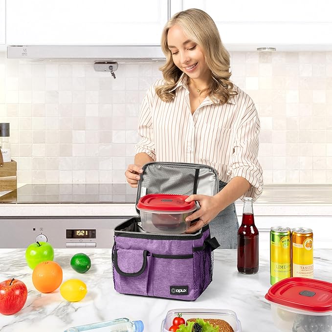 opux Insulated Lunch Box for Men Women Kids, Leakproof Reusable Lunch Bag Cooler for Work School Office, Soft Thermal Lunchbox Tote Shoulder Strap for Boys Girls Adults, Heather Purple, 14 Can/8L