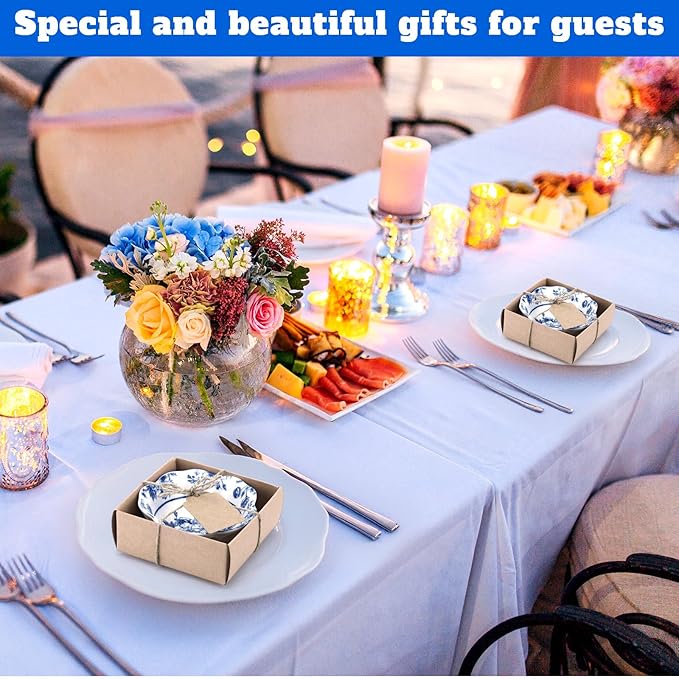 SiliFine 12 Pcs Wedding Favors for Guests Small Ceramic Bowl Bulk Gifts Set 3.3 Inch Floral Design Mini Dipping Sauce Dish with Card Box for Bridal Pooja Baby Shower Birthday (Flower,Blue)