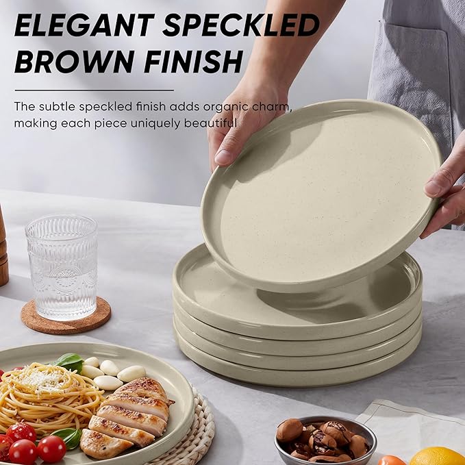E-far Dinner Plates Set of 6, 10.5 Inch Stoneware Dinner Plate with Raised Edges, Chip & Scratch Resistant | Microwave & Dishwasher Safe Modern Ceramic Dishes for Dessert Salad, Speckled Khaki