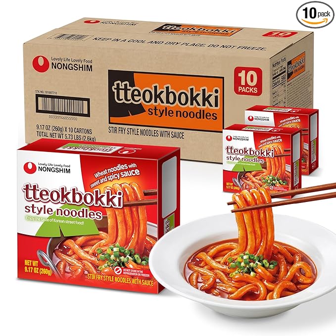 Nongshim Tteokbokki Style Noodles, Sweet and Spicy Sauce, Korean Instant Noodles, Wheat Stir Fry Style Noodles, Korean Street Food-Inspired Flavor, 9.17 oz (Pack of 10)