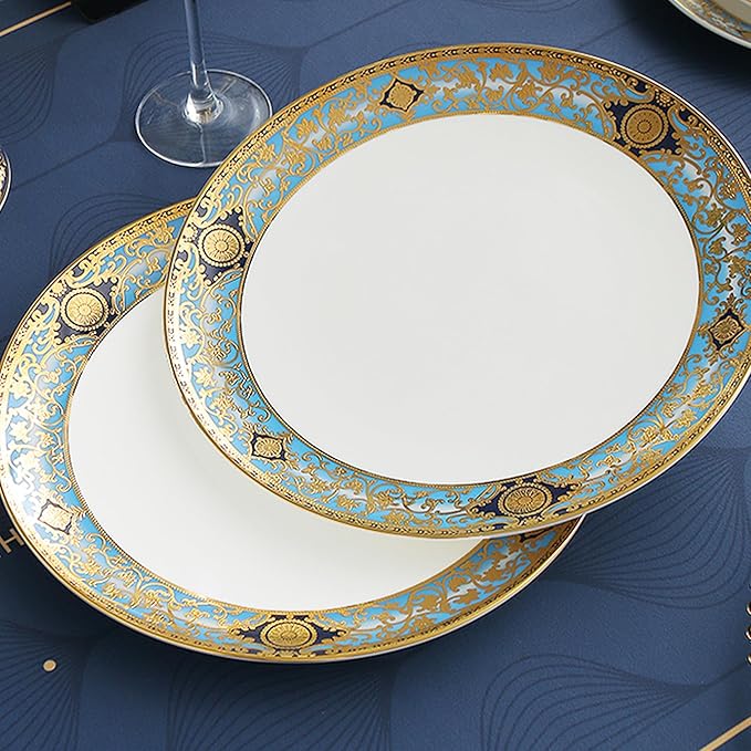 Bone China Dinnerware Set for 4, 8 Piece Tableware for Dining,Ornate Retro Pattern Plates for Fine Dining, Wedding Reception, Anniversary and Restaurant Use