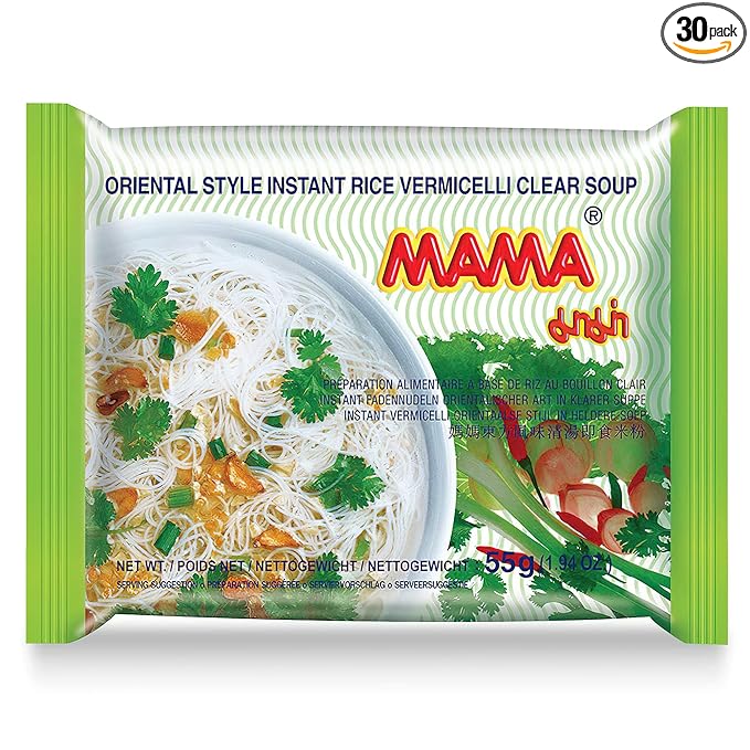 MAMA Noodles Vermicelli Clear Soup Instant Rice Noodles w/Delicious Thai Flavors, Hot & Spicy Noodles, No Trans Fat w/Fewer Calories Than Deep Fried Noodles 30 Pack