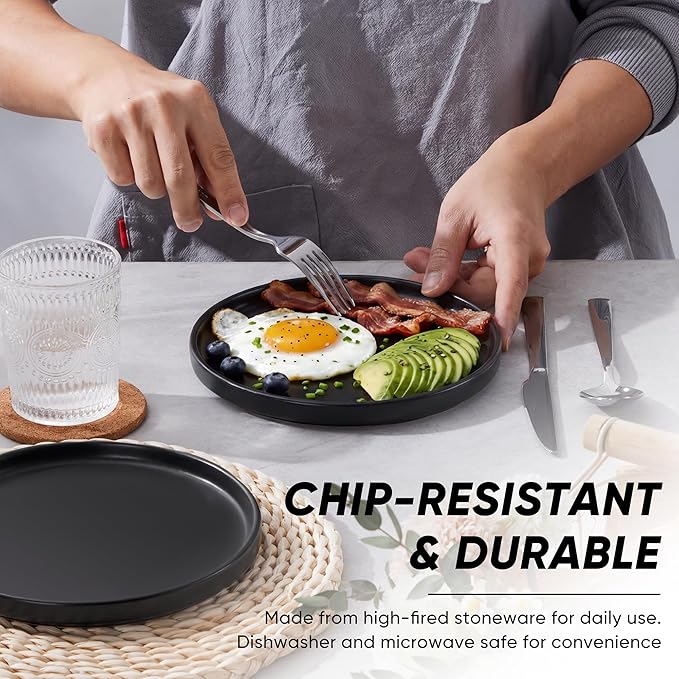 E-far 7.9 Inch Ceramic Dinner Plates, 6-Piece Stoneware Salad Plates with Raised Edges, Chip & Scratch Resistant | Microwave & Dishwasher Safe Dessert Dishes for Appetizer Salad, Matte Black