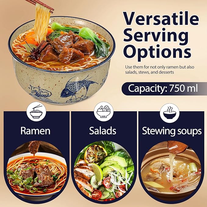 Cabilock 2 Pieces Ceramic Ramen Bowls, 25 Oz Large Soup Bowl with Lid, Spoon Chopstick Japanese Tableware for Noodles, Salad, Rice, Microwave Dishwasher Korean Clay Pot - Fish